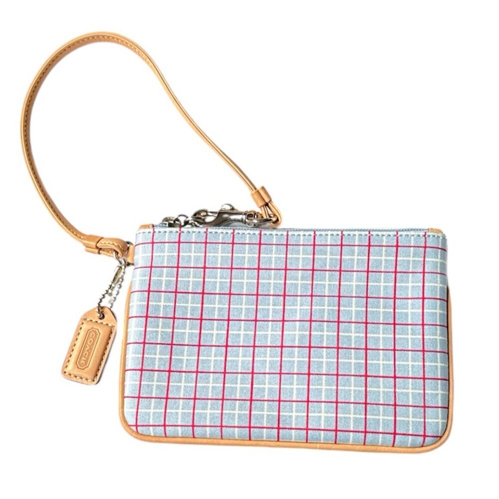 Coach Vintage Tattersall Plaid Wristlet Blue Pink White Tan - Picture 5 of 5
